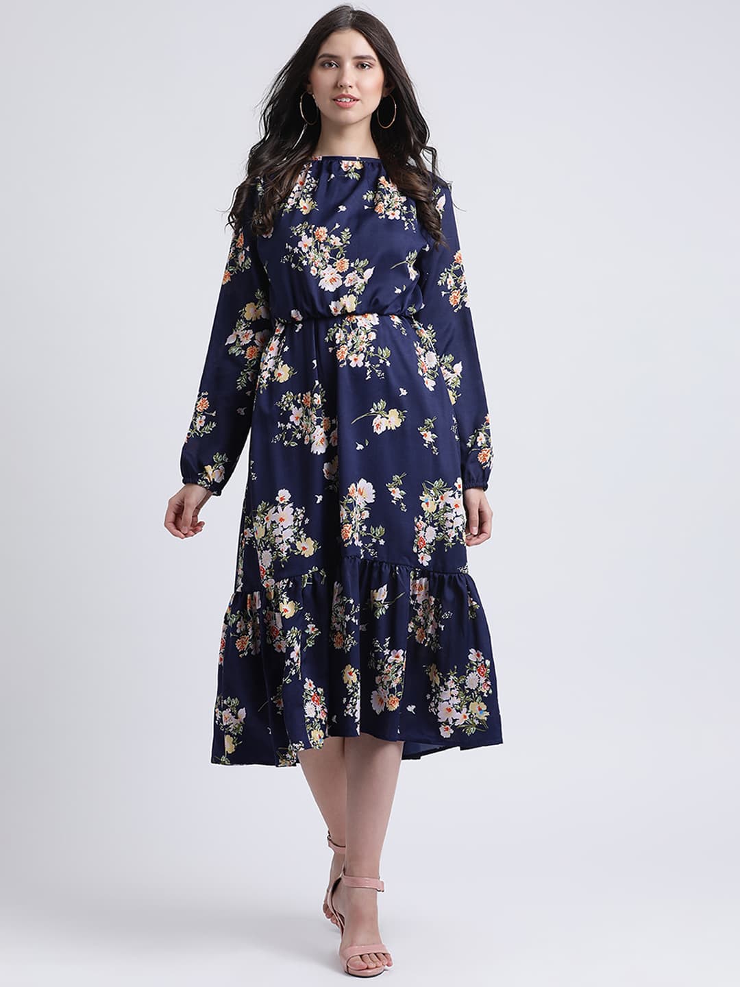 Navy Floral Classic Flared Dress