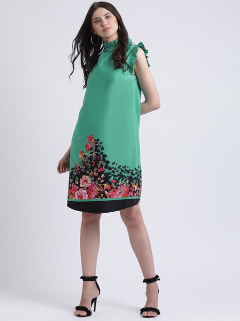 Green Floral Border Frill Dress