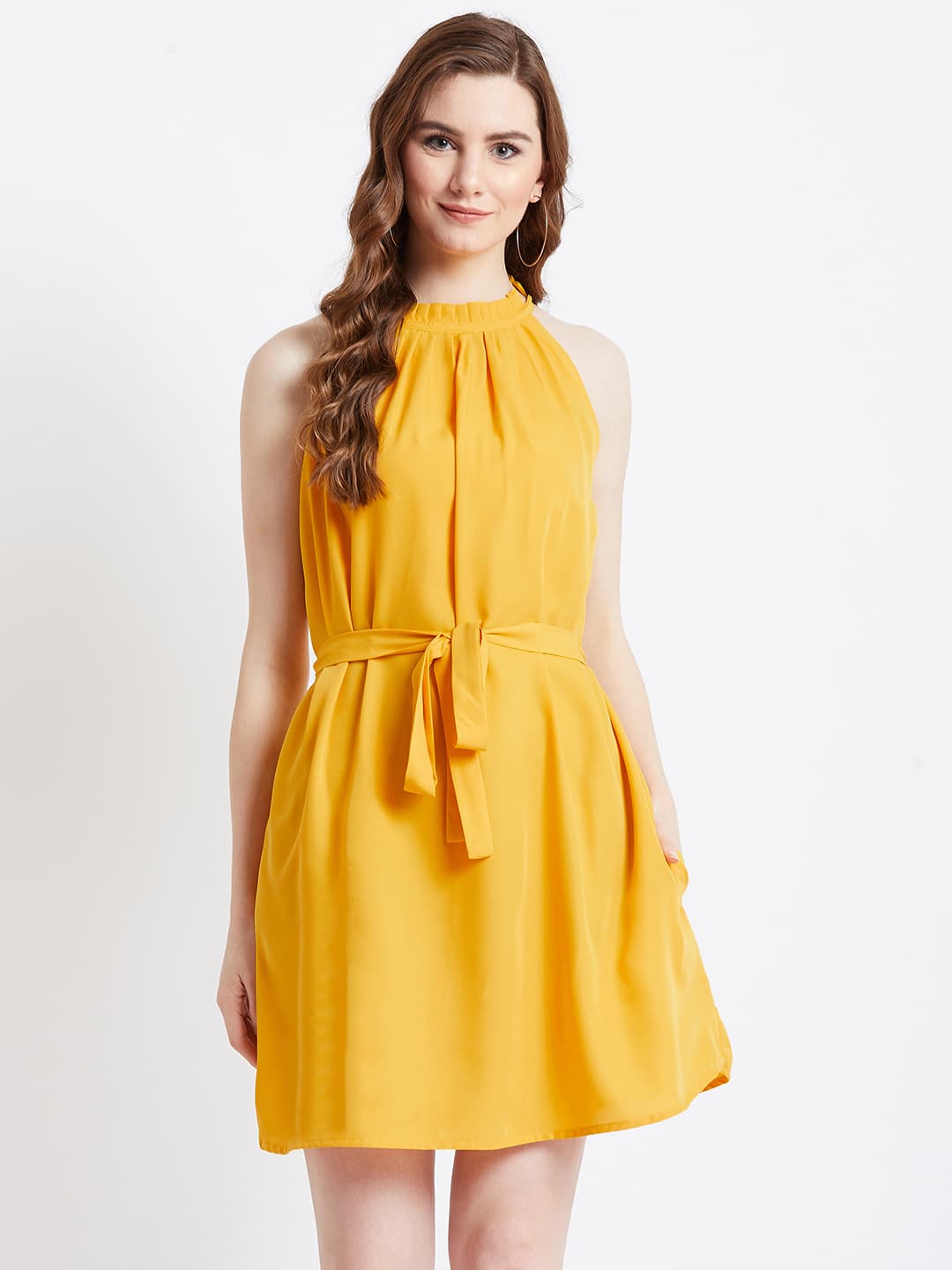 Yellow Solid Halter Dress