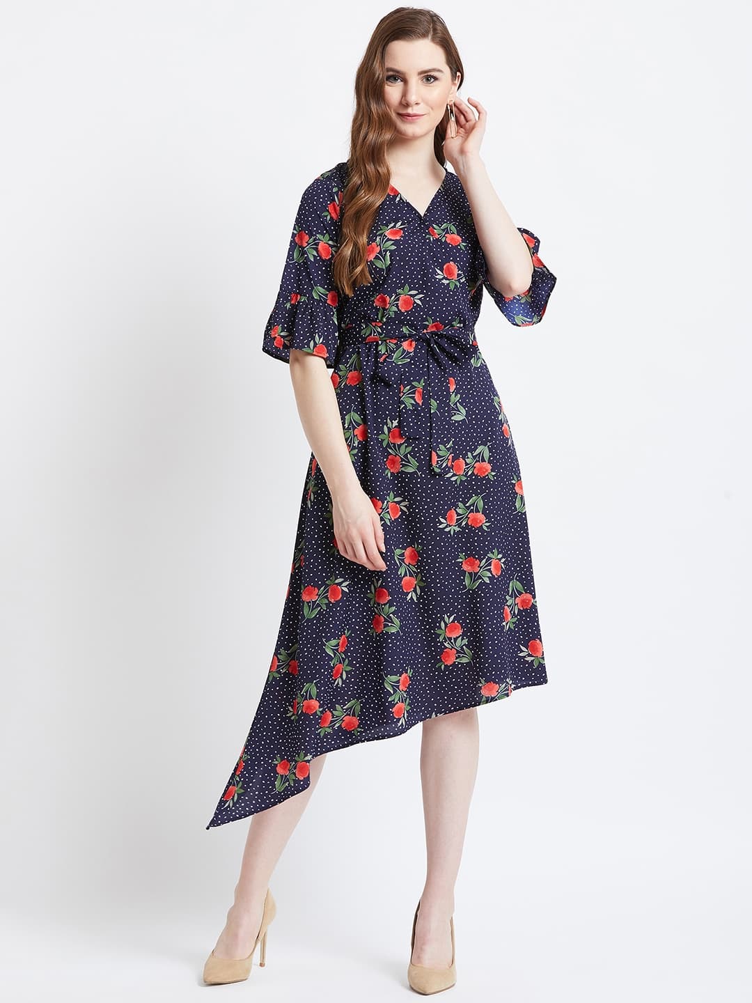 Navy Floral Wrap Midi Dress