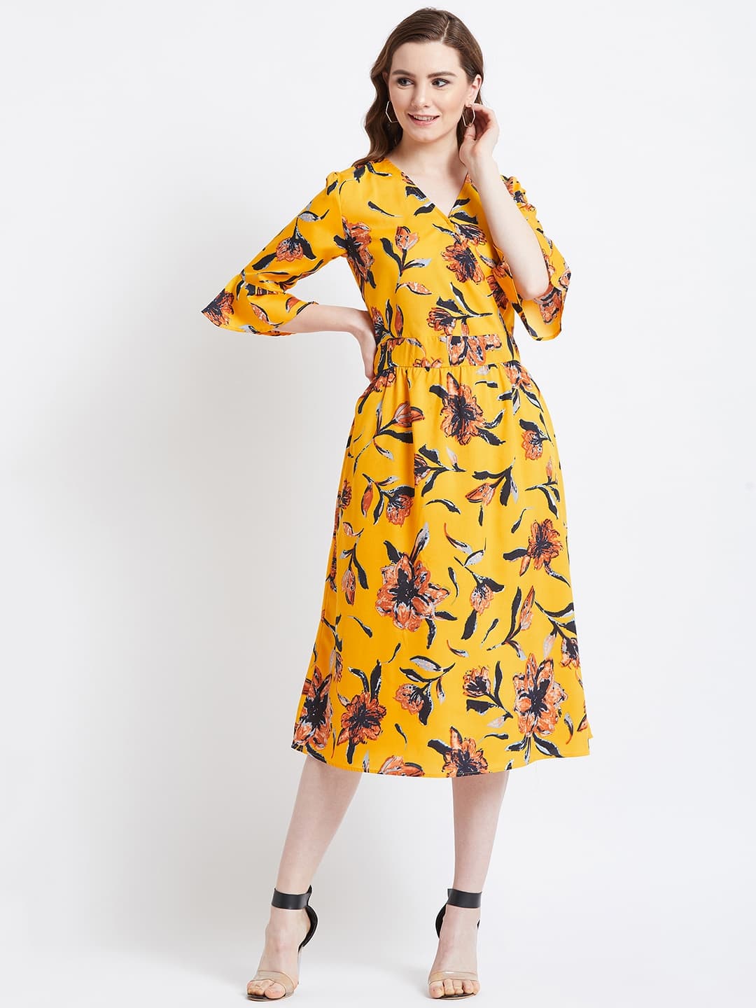 Yellow Floral Knee-Length Dress