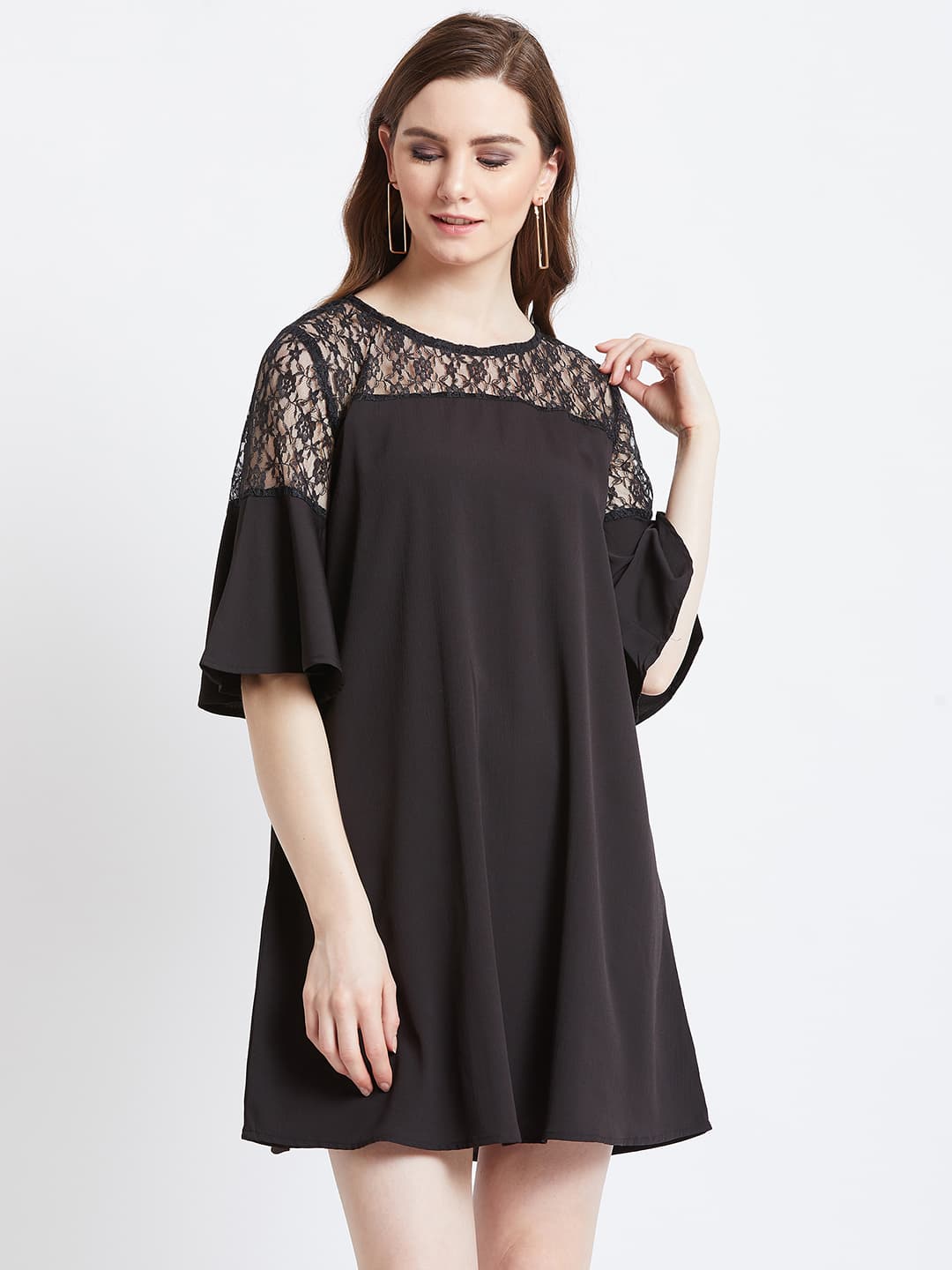 Black Lace-Detail Flared Midi Dress