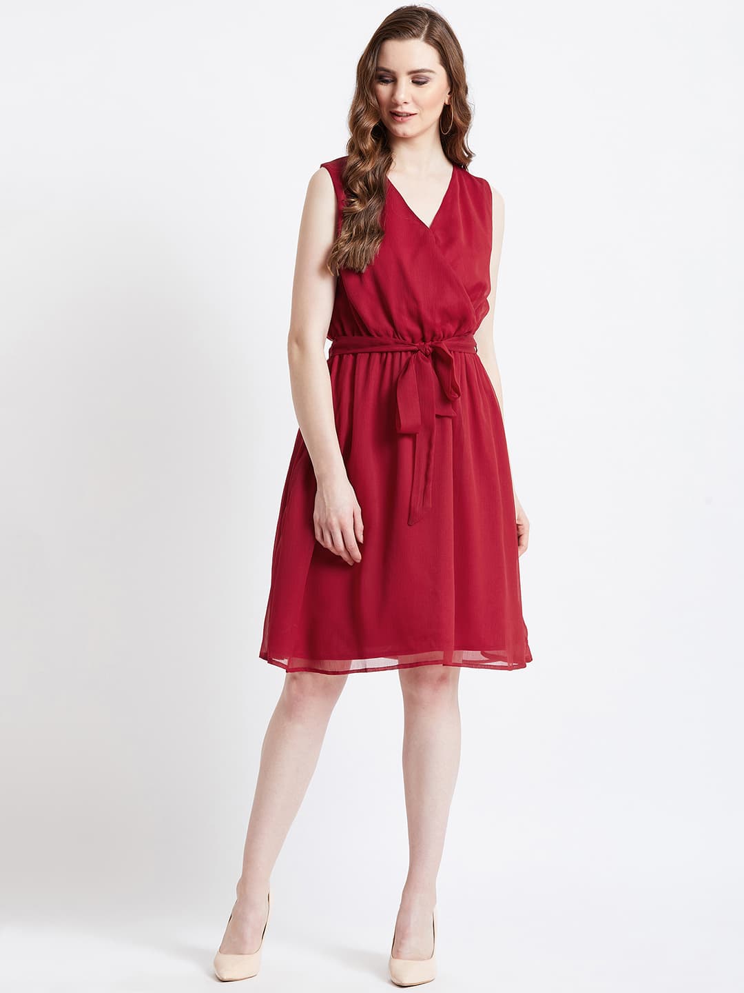 Red Wrap Chiffon Flared Dress
