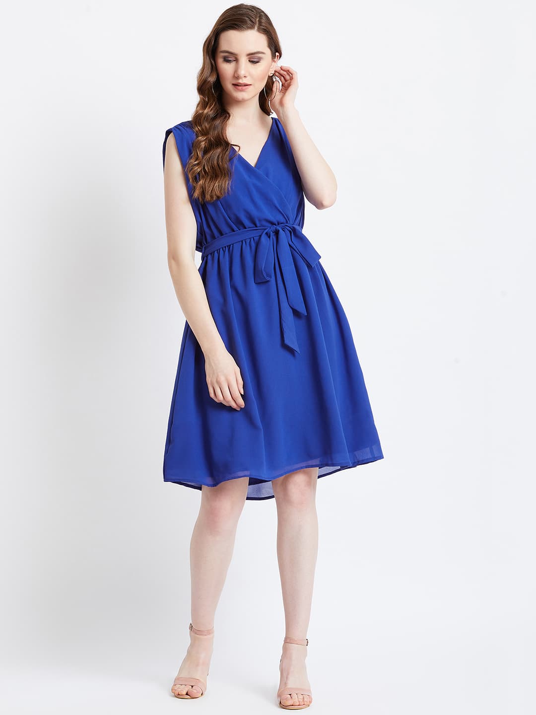Blue Wrap Neck Knee-Length Dress