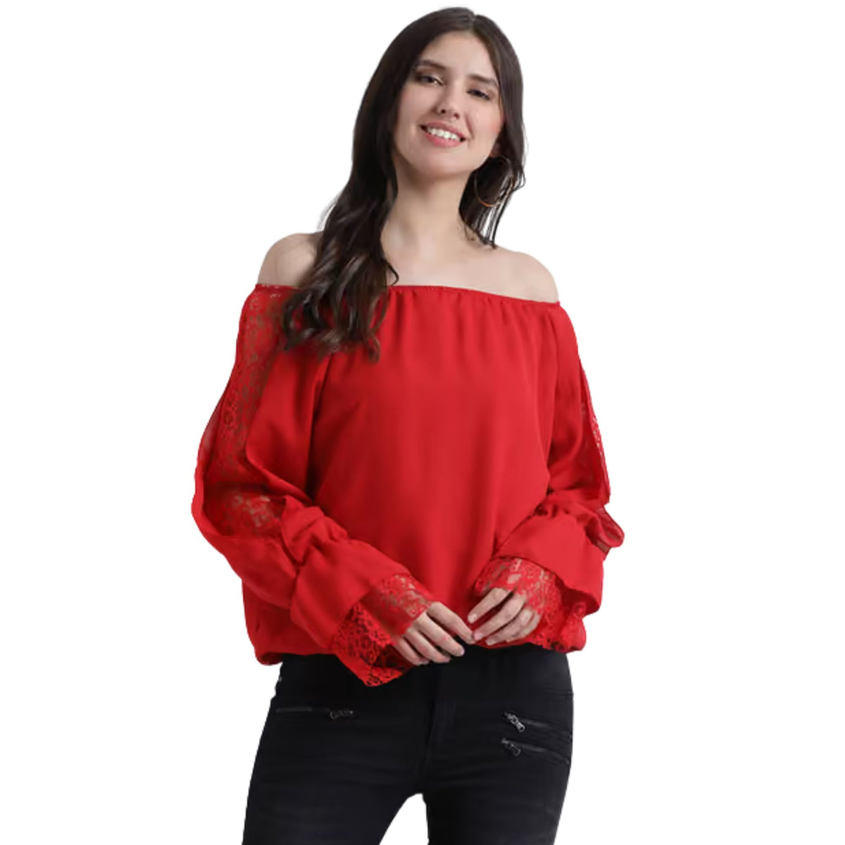 Women Classic Red Off-Shoulder Lace Sleeve Top