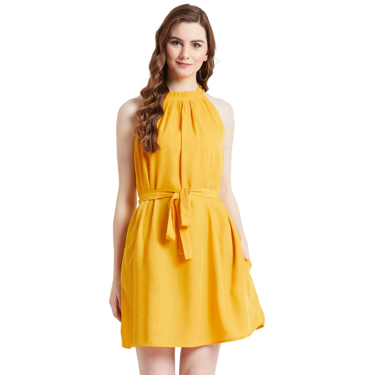 Women Yellow Solid Halter Neck Tie-Waist A-Line Dress