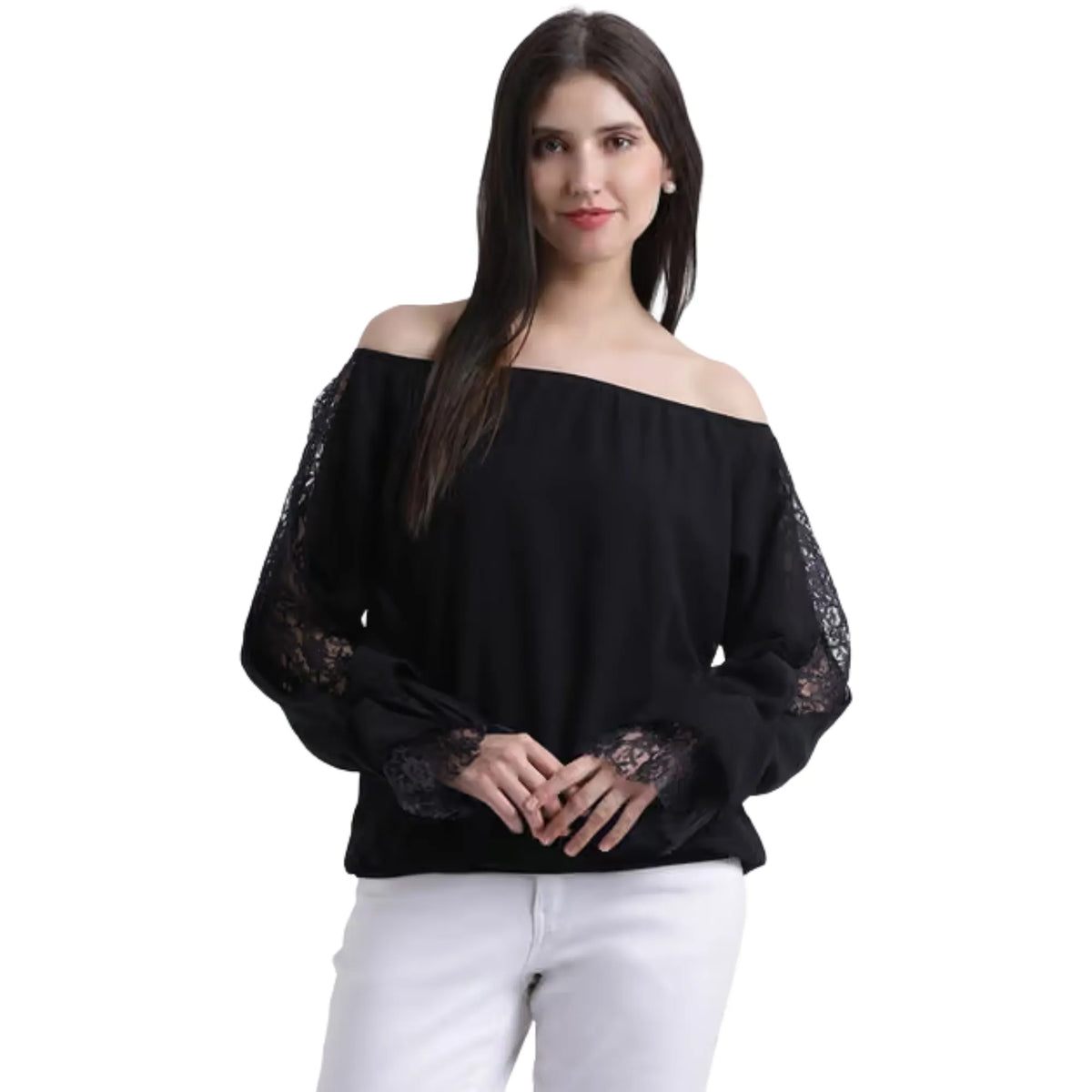 Women Black Off-Shoulder Lace Balloon Sleeve Top