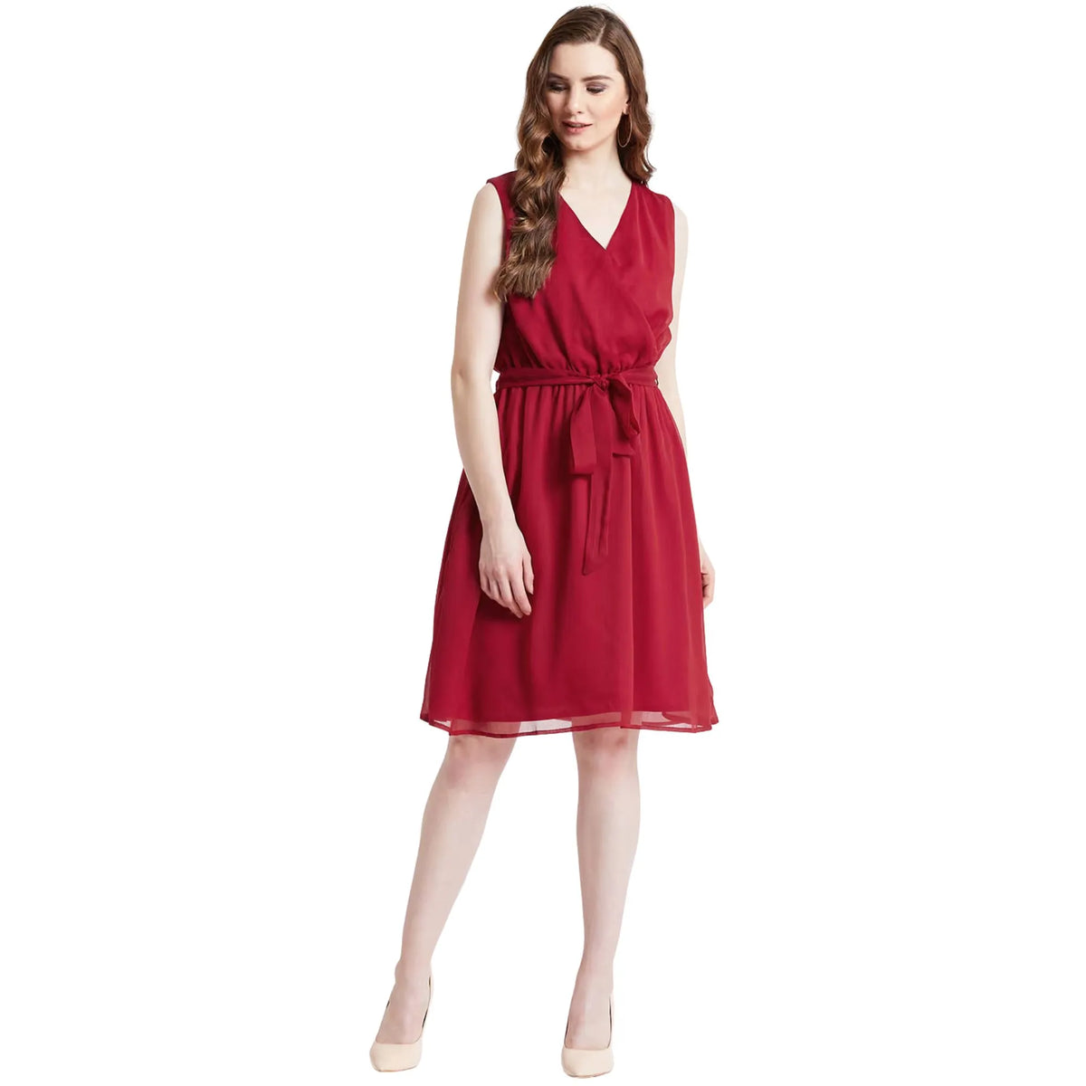 Red Wrap Neck Knee-Length Dress for Women