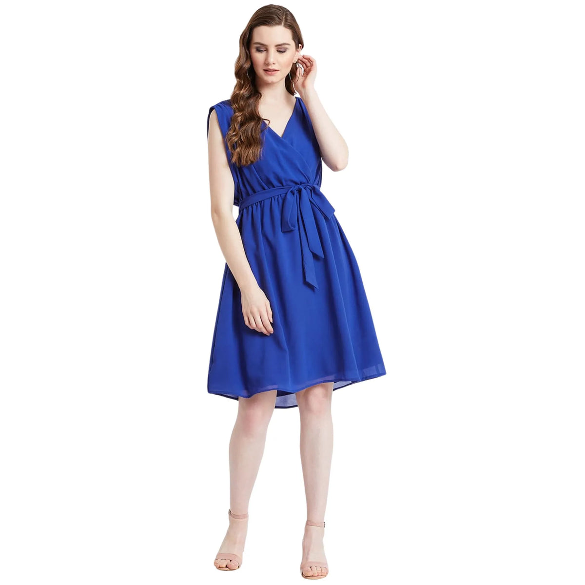 Blue Wrap Neck Knee-Length Dress for Women