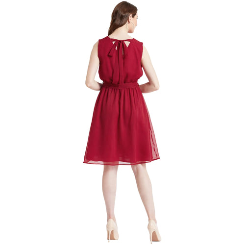 Red Wrap Neck Knee-Length Dress for Women