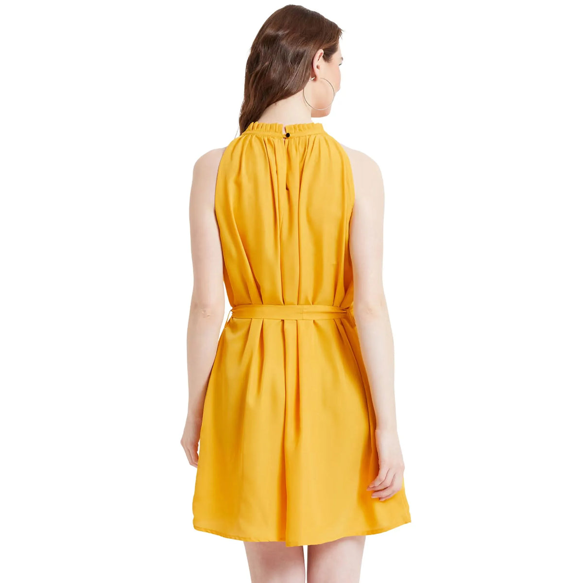 Women Yellow Solid Halter Neck Tie-Waist A-Line Dress