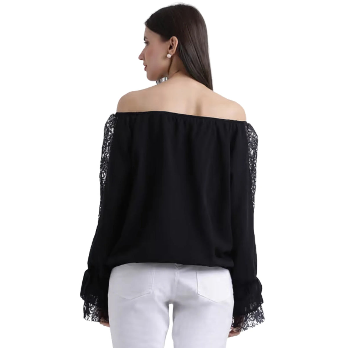 Women Black Off-Shoulder Lace Balloon Sleeve Top