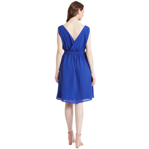 Blue Wrap Neck Knee-Length Dress for Women