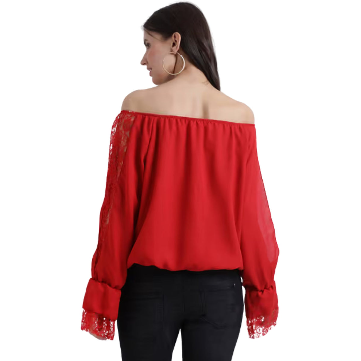 Women Classic Red Off-Shoulder Lace Sleeve Top