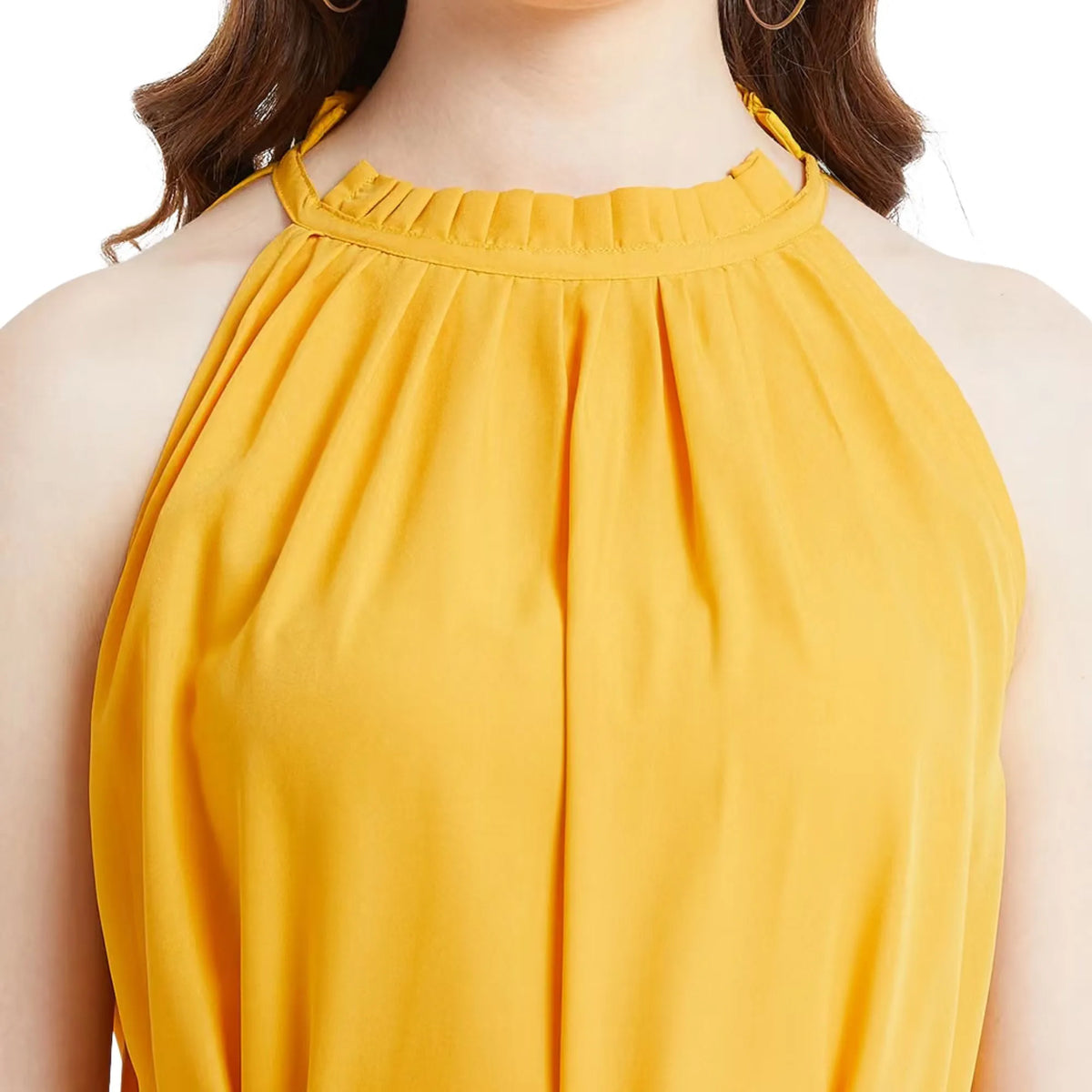 Women Yellow Solid Halter Neck Tie-Waist A-Line Dress
