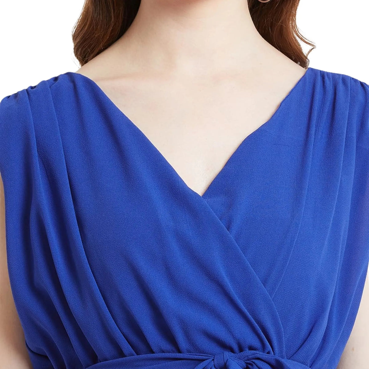 Blue Wrap Neck Knee-Length Dress for Women
