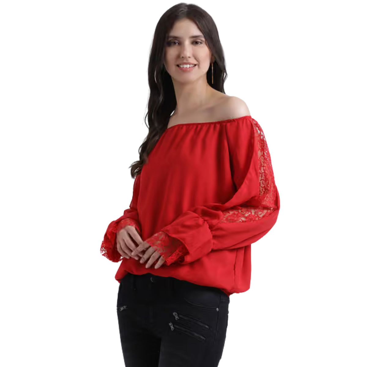Women Classic Red Off-Shoulder Lace Sleeve Top