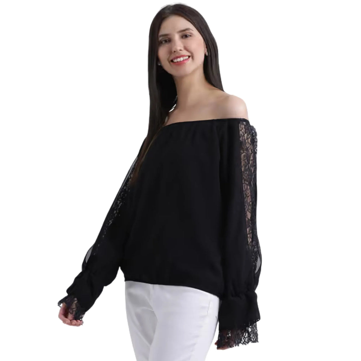 Women Black Off-Shoulder Lace Balloon Sleeve Top