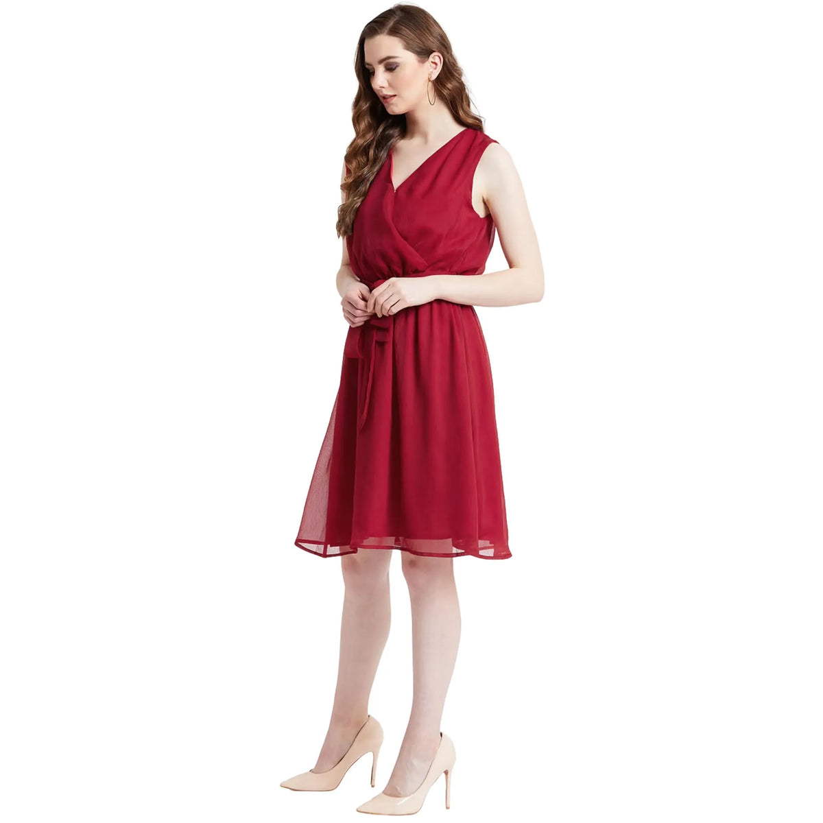 Red Wrap Neck Knee-Length Dress for Women