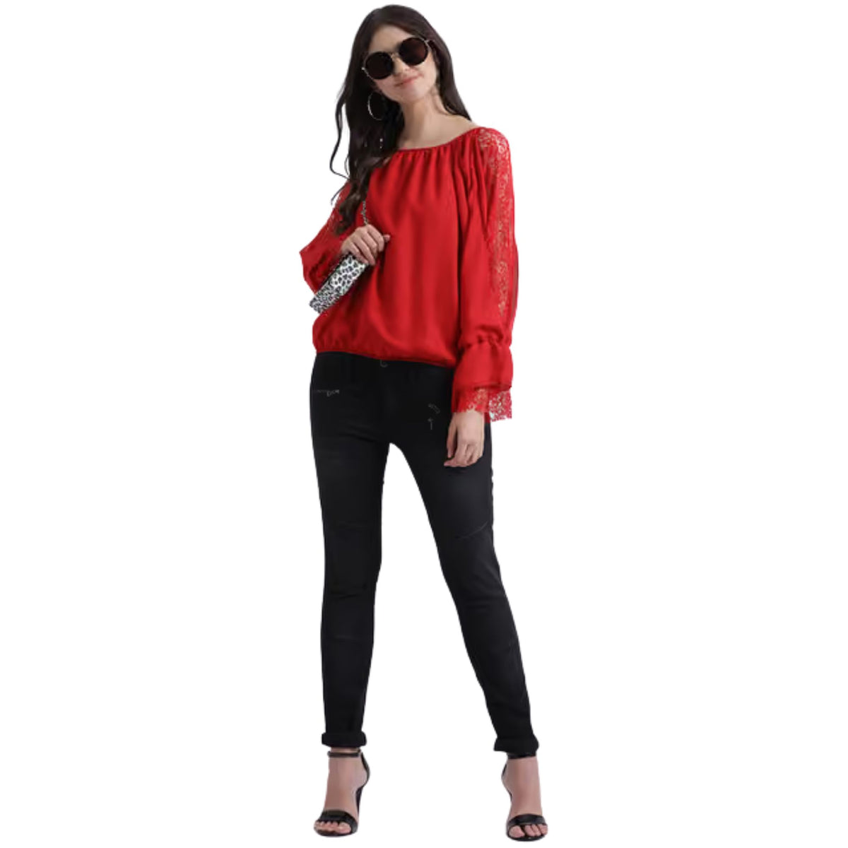 Women Classic Red Off-Shoulder Lace Sleeve Top