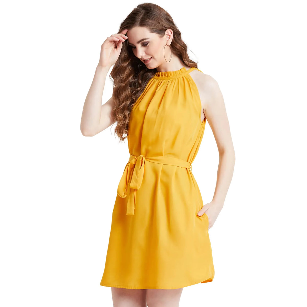 Women Yellow Solid Halter Neck Tie-Waist A-Line Dress