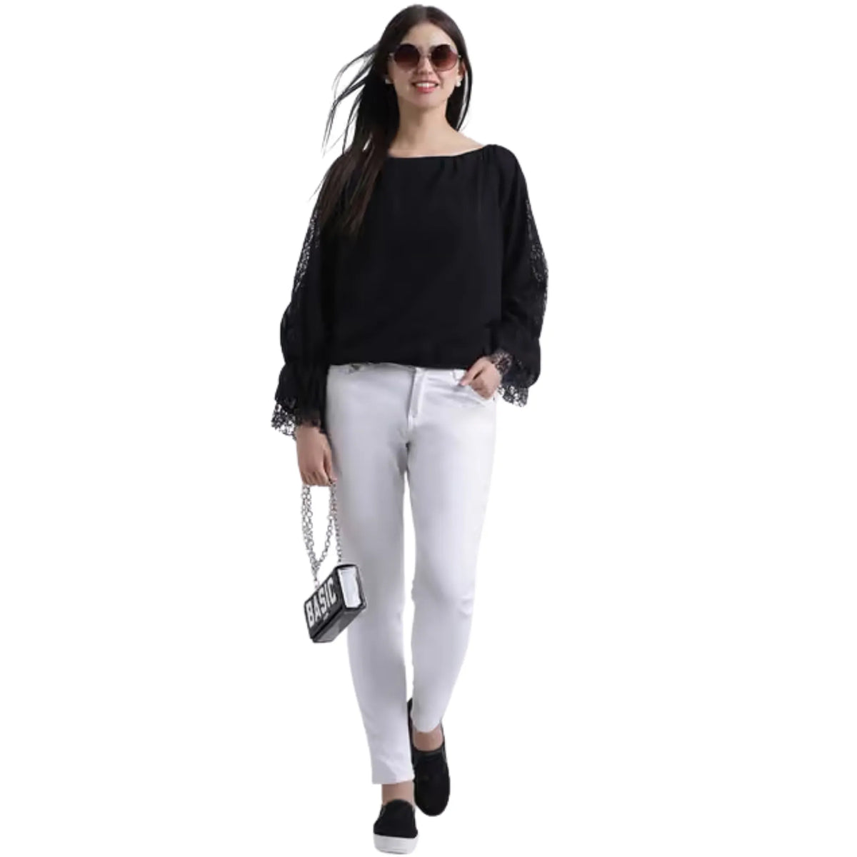 Women Black Off-Shoulder Lace Balloon Sleeve Top