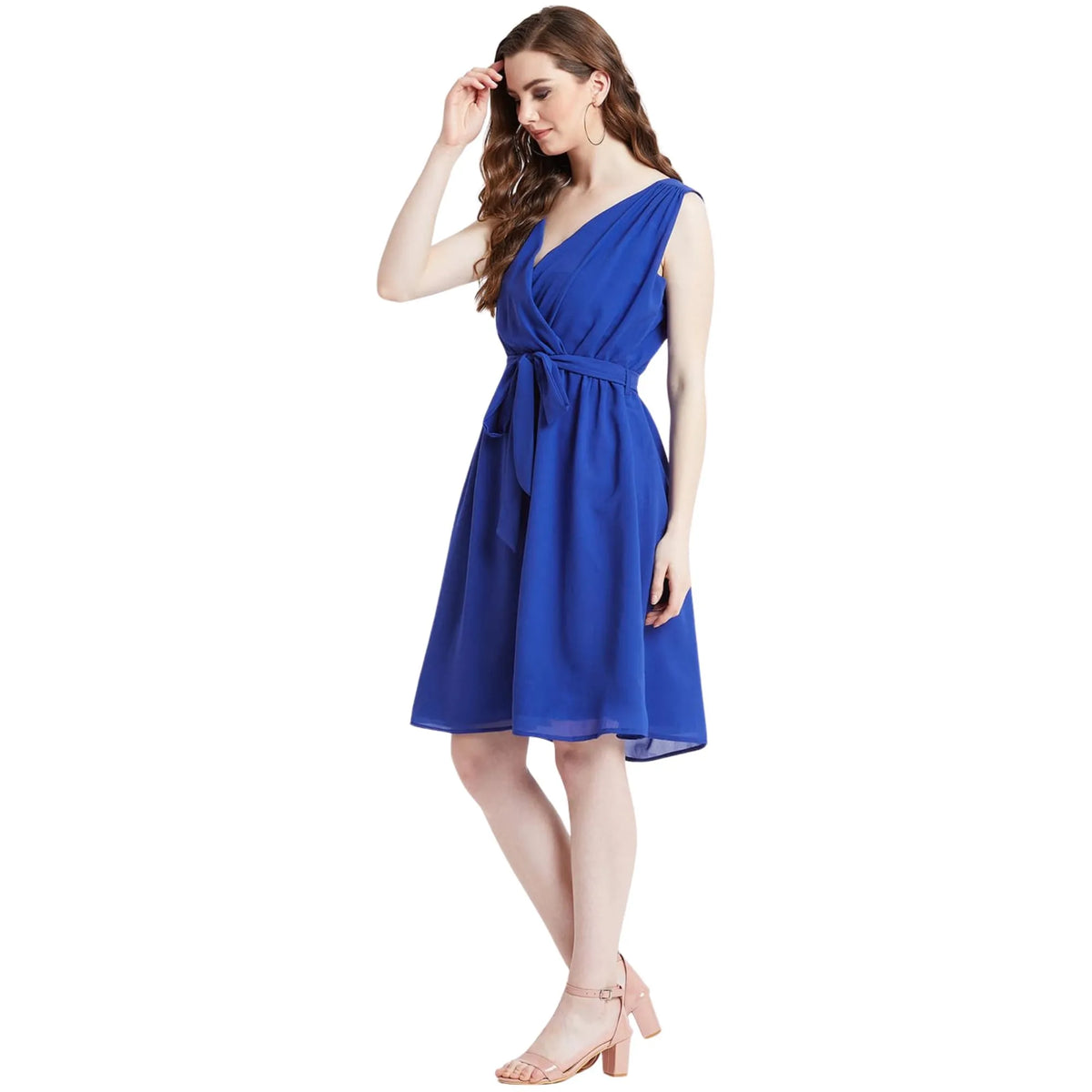 Blue Wrap Neck Knee-Length Dress for Women